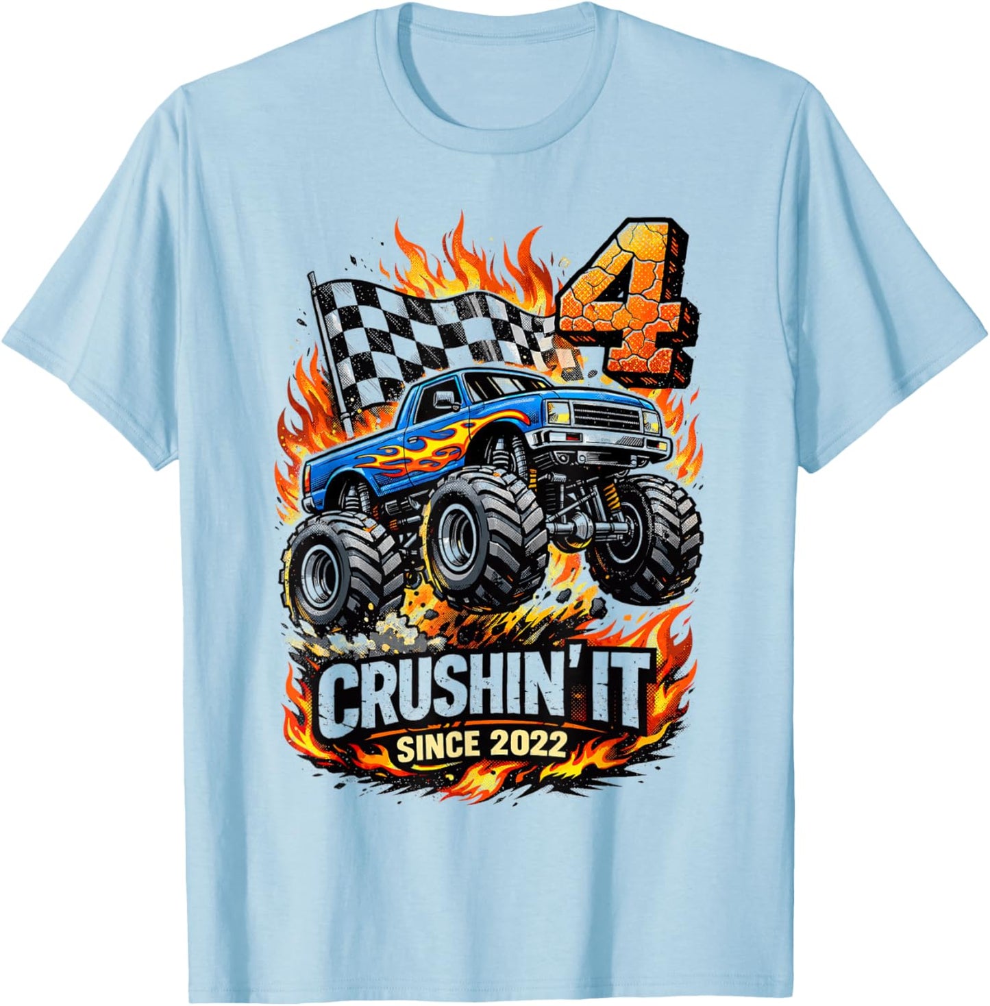 Birthday Monster Truck 4 Year Old Boys 4th Party Born 2022 T-Shirt - T-Shirt | Light Blue