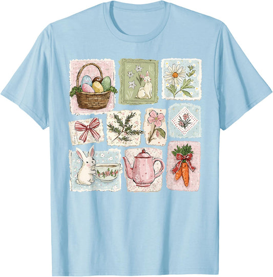 Floral Coquette Spring Easter Bunny Vintage Happy Easter T-Shirt - T-Shirt | Light Blue