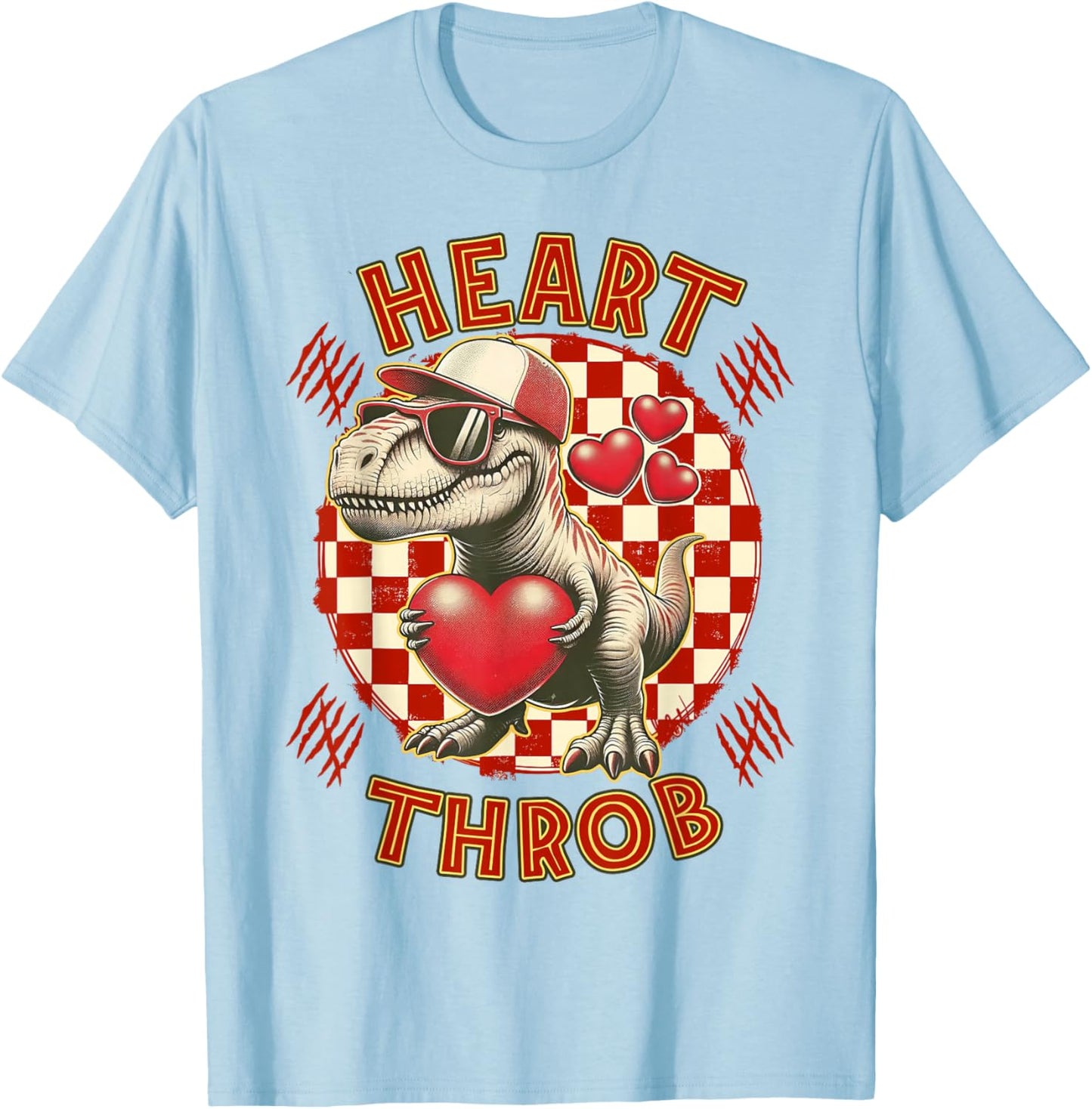 Heart Dinosaur Throb Valentines Day T Rex Checkered Print T-Shirt - T-Shirt | Light Blue