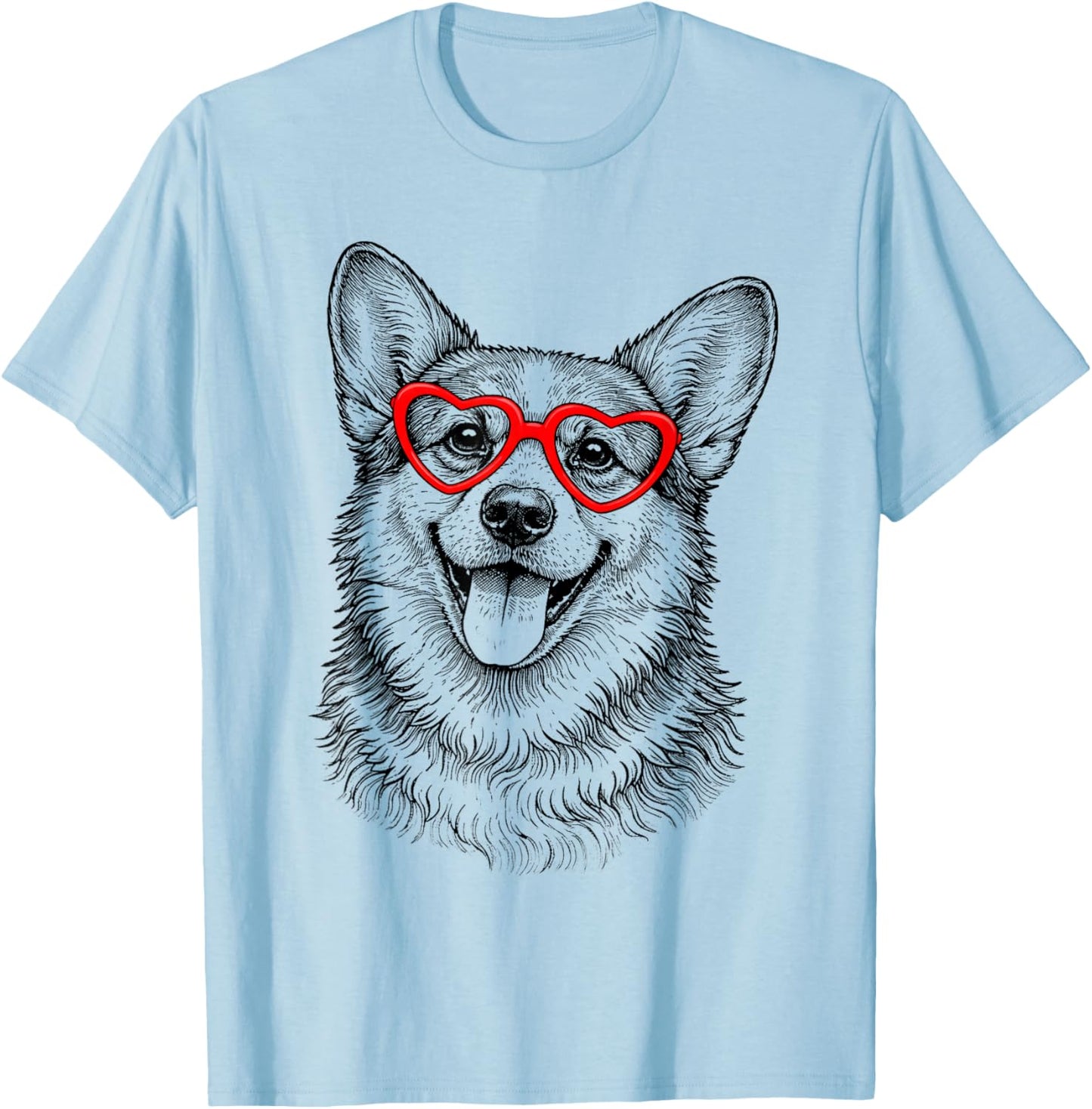 Funny Corgi Face Heart Glasses Dog Valentine's Day T-Shirt - T-Shirt | Light Blue