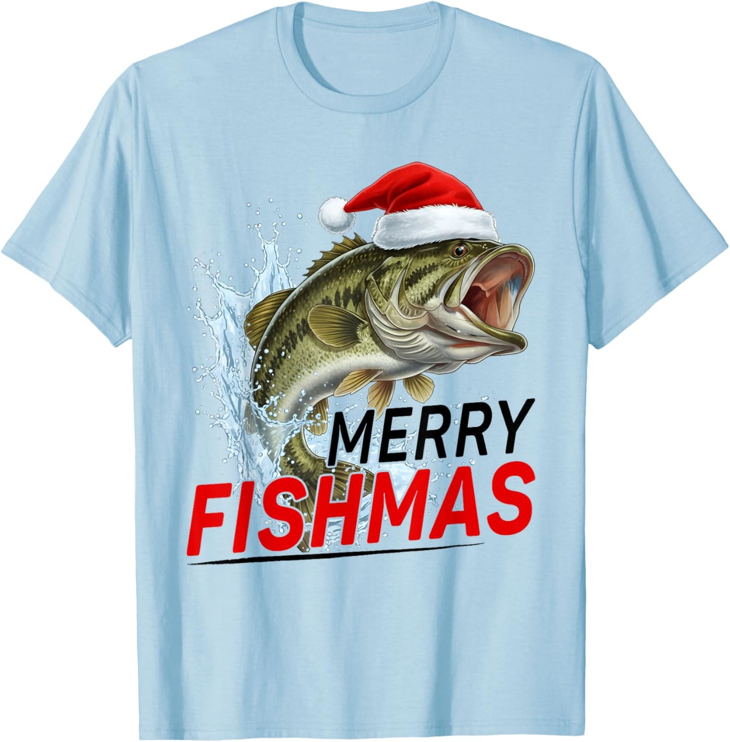Merry Fishmas Funny Christmas Bass Fisherman Santa Hat T-Shirt - T-Shirt | Light Blue