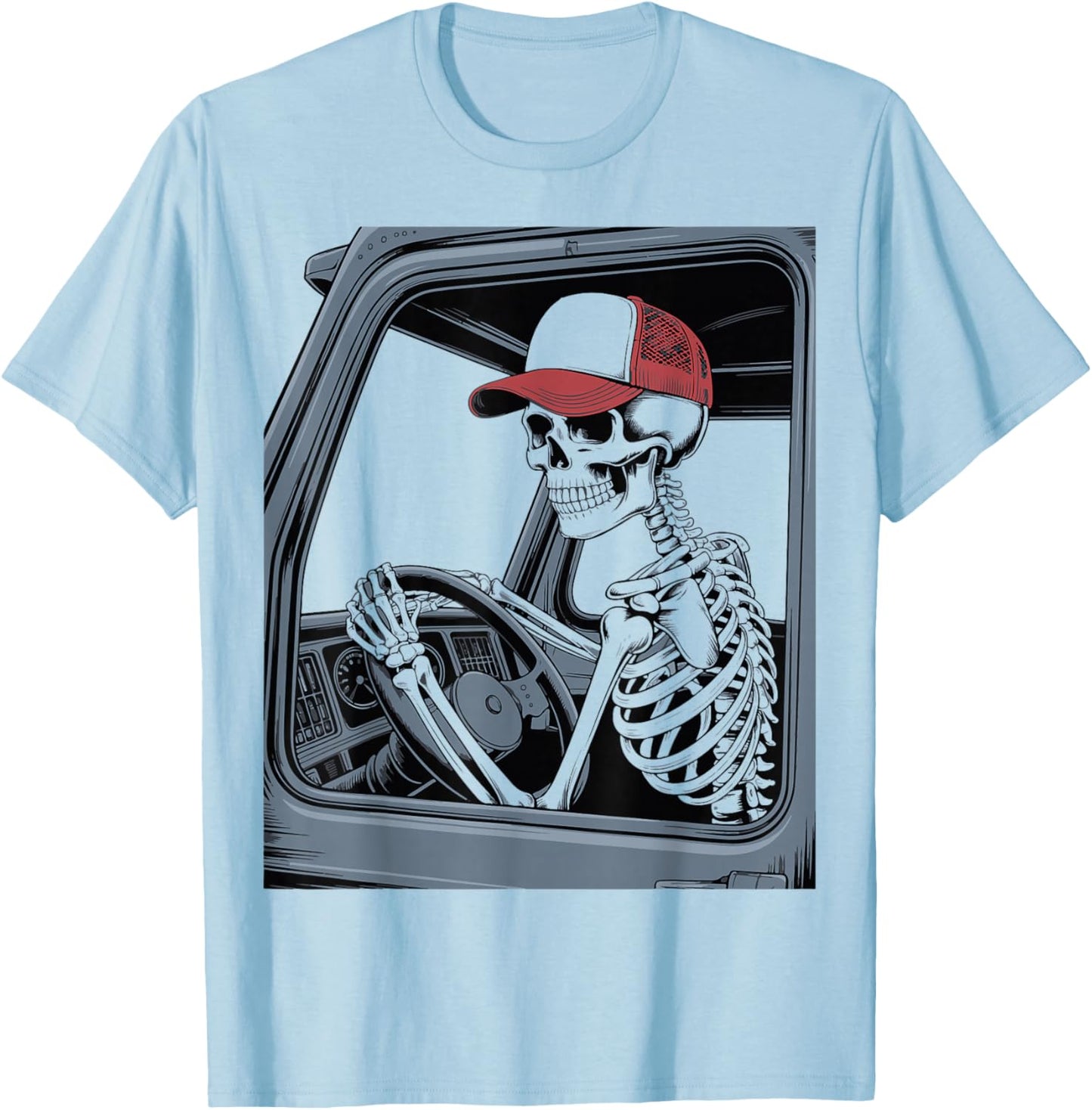 Skeleton Trucker Driving Illustration T-Shirt - T-Shirt | Light Blue