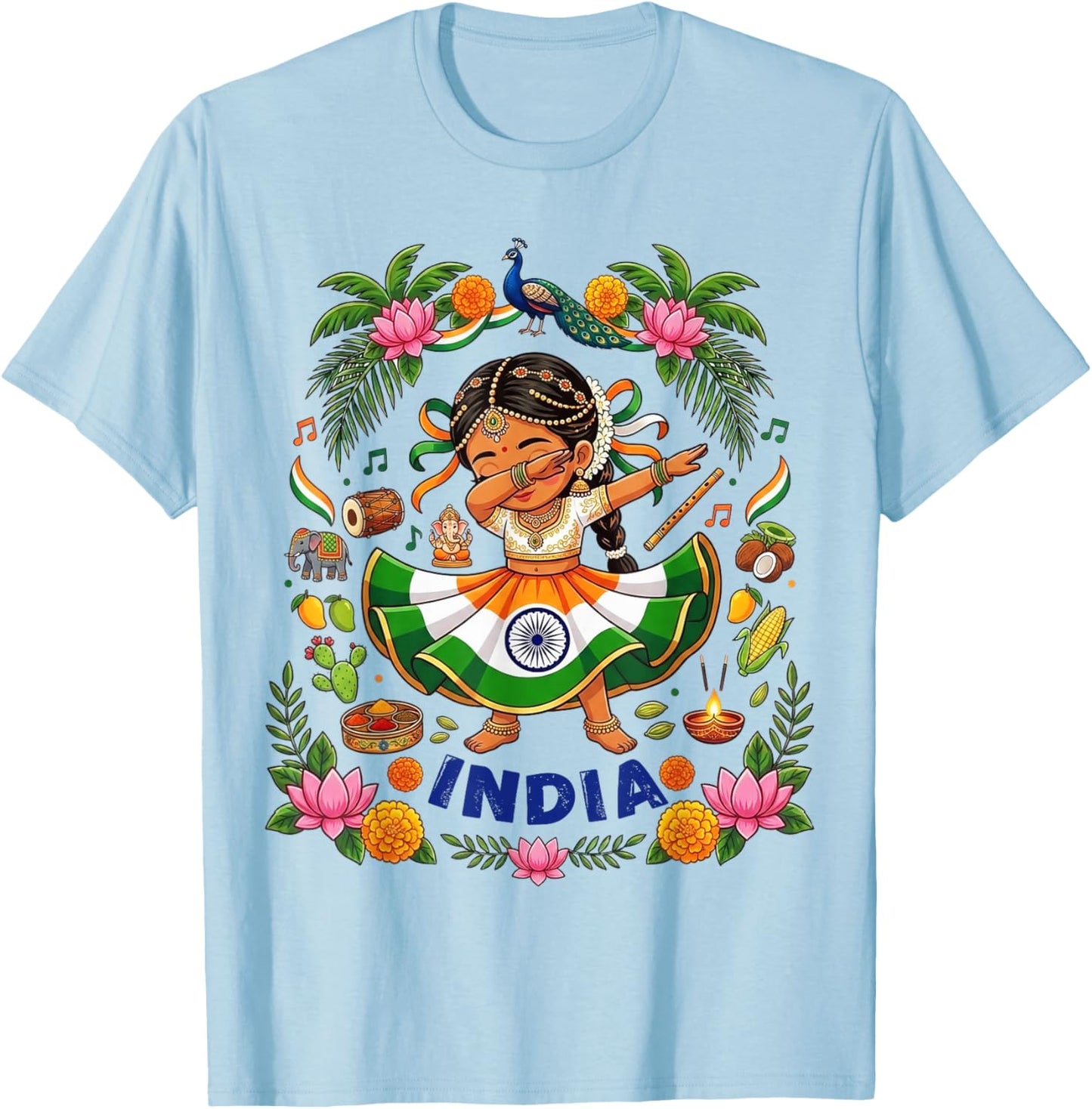 Dabbing India Girl Flag Dress Lotus Flowers Pride Heritage T-Shirt - T-Shirt | Light Blue