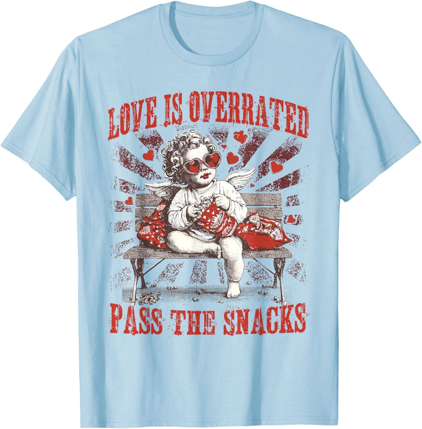 Funny Cupid Love is Overrated Pass The Snacks Anti Valentine T-Shirt - T-Shirt | Light Blue