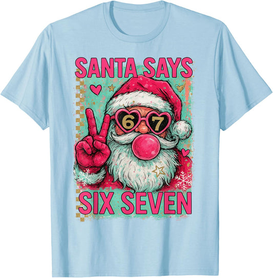 HUGvyn Christmas Santa Six Seven 6 7 Meme Santa Handwrite T-Shirt - T-Shirt | Light Blue