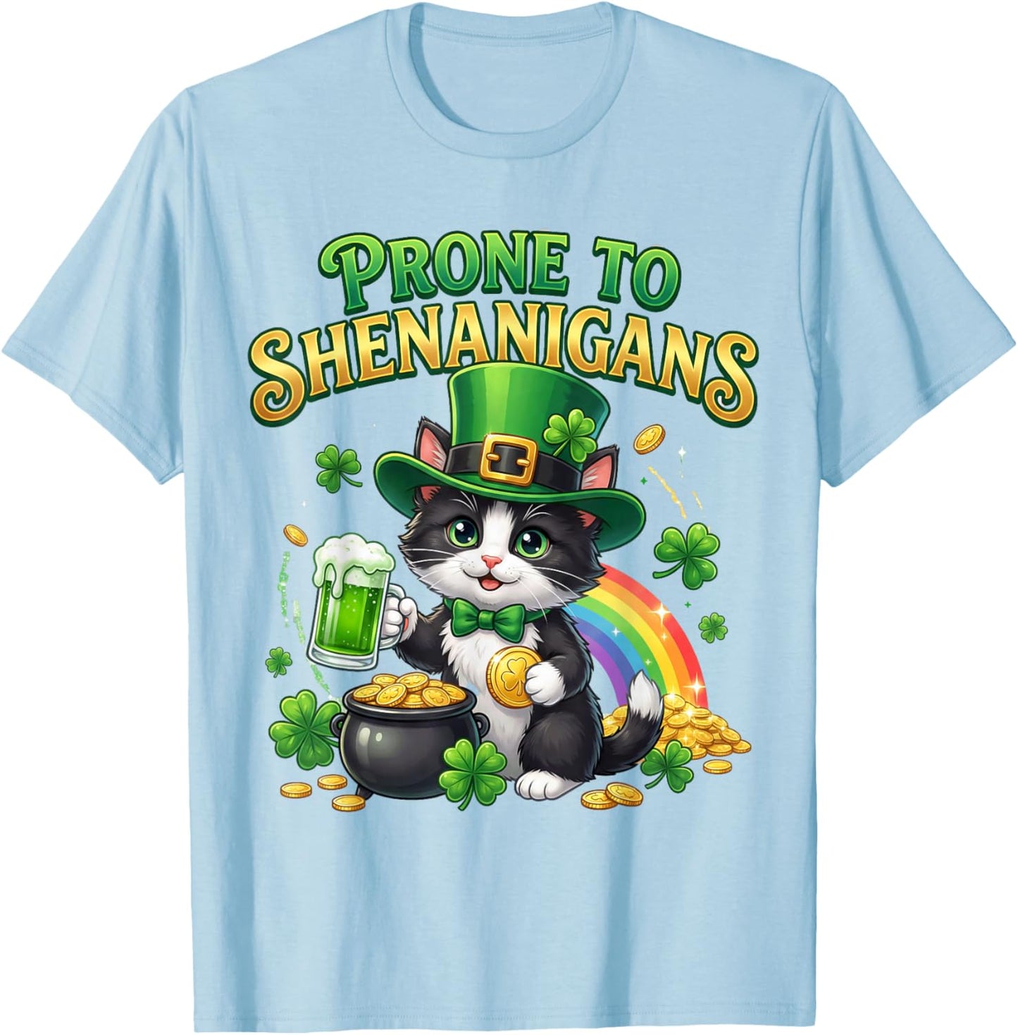 Tuxedo Cat Saint Patrick's Day Prone to Shenanigans T-Shirt - T-Shirt | Light Blue