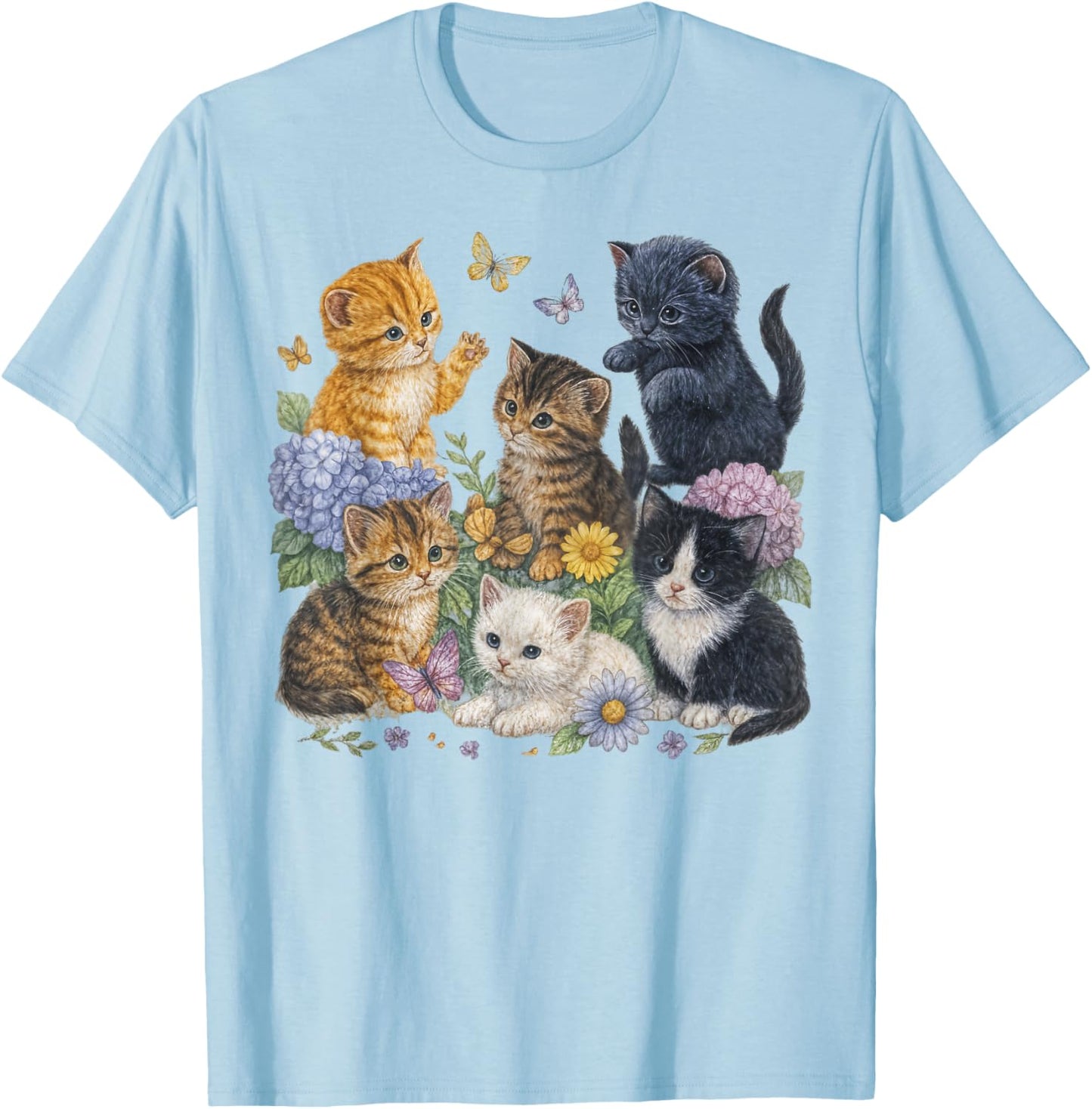 Cat Flower Floral Cute Kitten Vintage Flowers Art Cat Lover T-Shirt - T-Shirt | Light Blue
