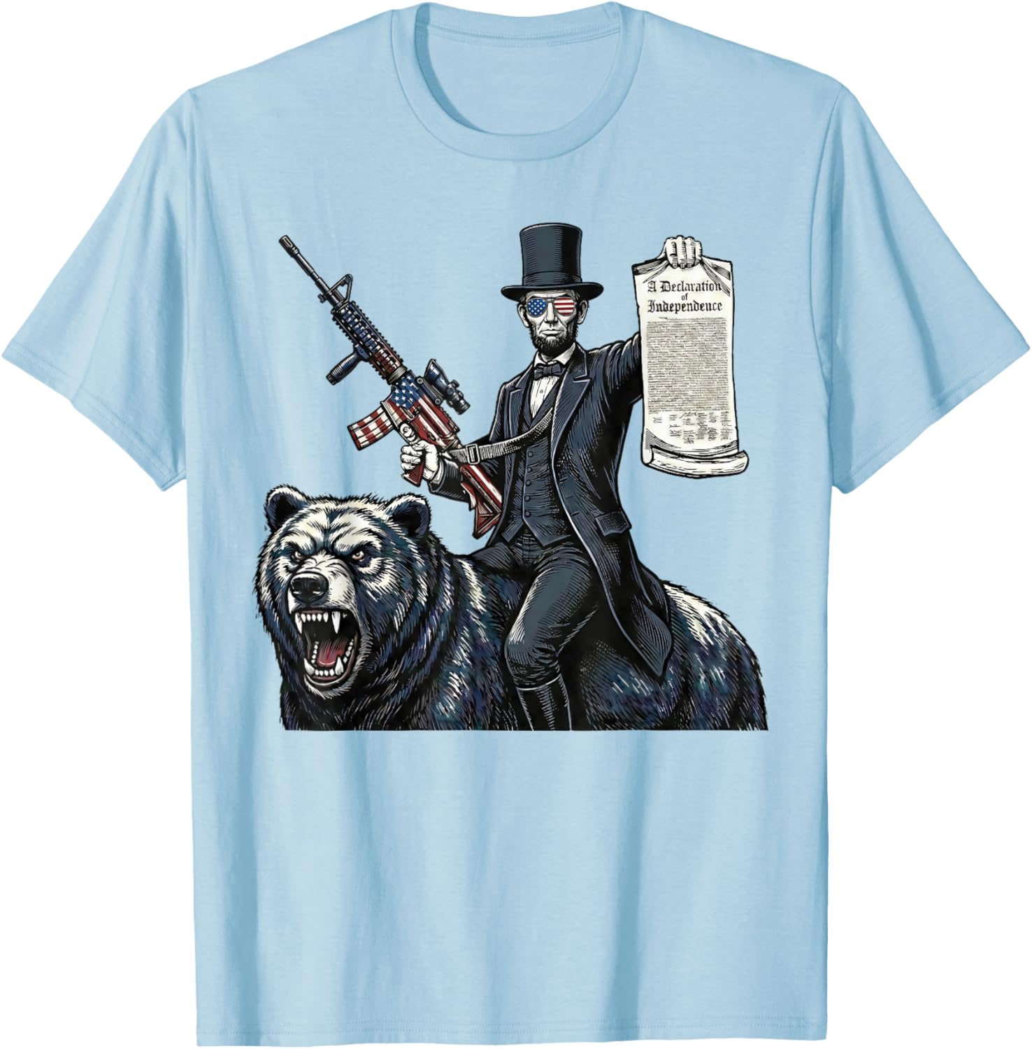 Abe Lincoln Riding Bear with Declaration Funny Patriotic 4th T-Shirt - T-Shirt | Light Blue