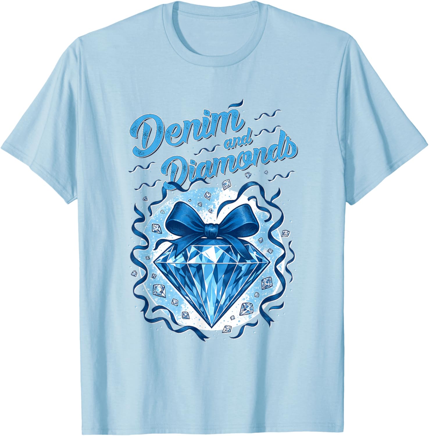 Denim and Diamonds Bow Ladies Girls Women T-Shirt - T-Shirt | Light Blue