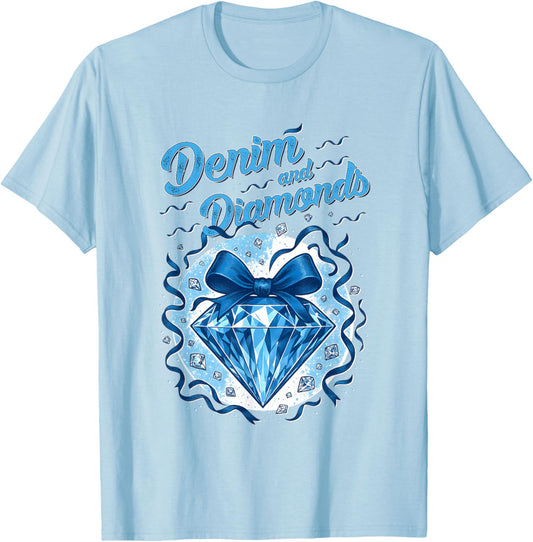 Denim and Diamonds Bow Ladies Girls Women T-Shirt - T-Shirt | Light Blue