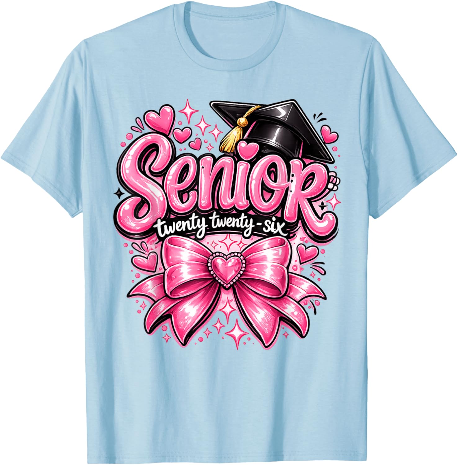 Class of 2026 Pink Bow Graduation Senior Girls T-Shirt - T-Shirt | Light Blue