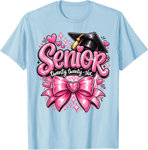 Class of 2026 Pink Bow Graduation Senior Girls T-Shirt - T-Shirt | Light Blue