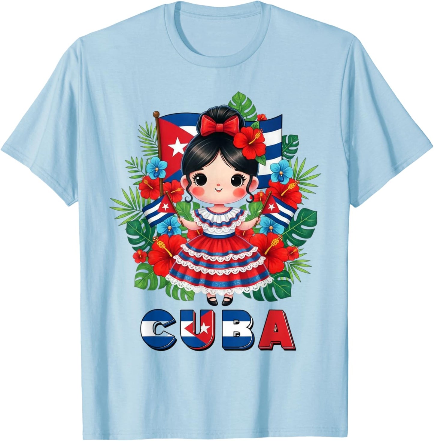 Cute Cuba Cuban Girl Traditional Dress Tropical Flowers T-Shirt - T-Shirt | Light Blue