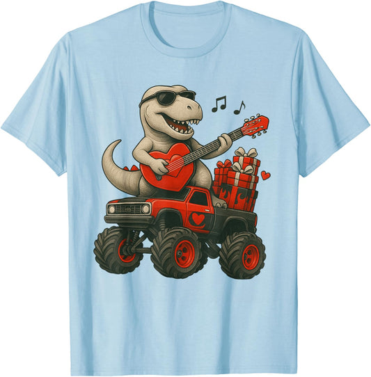 Valentines Day T Rex Riding Monster Truck Guitar Toddler Boy T-Shirt - T-Shirt | Light Blue