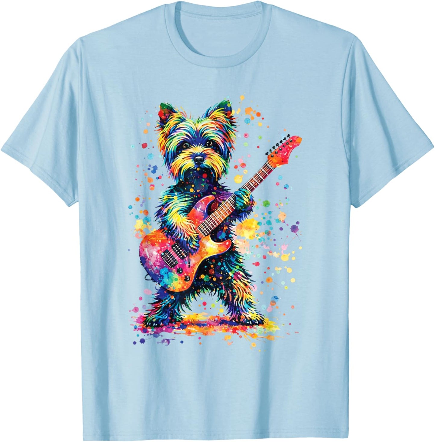 Colorful Yorkie Rock Funny Dog Playing Guitar Rock Style T-Shirt - T-Shirt | Light Blue