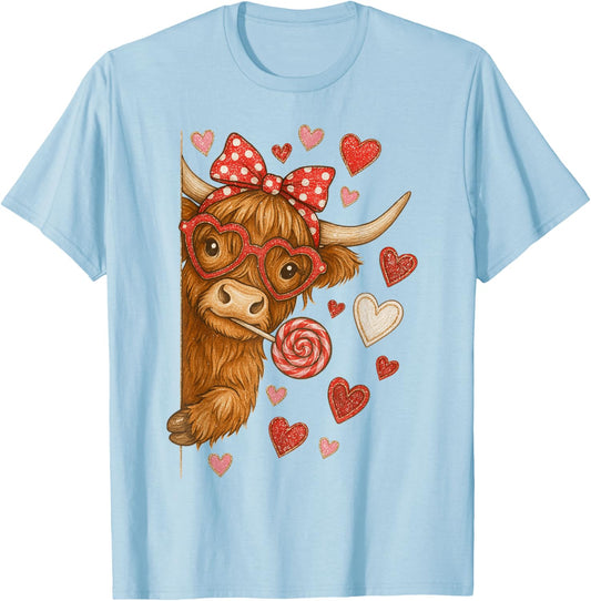 Valentine Highland Cow Coquette XOXO Howdy Western T-Shirt - T-Shirt | Light Blue