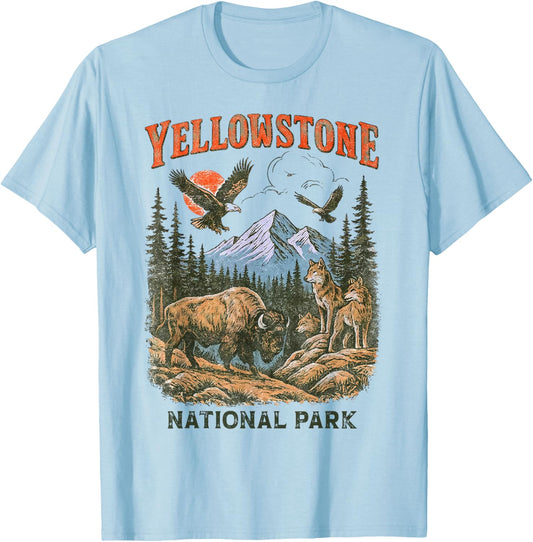 Yellowstone US National Park Wolf Bison Bear Flying Eagles T-Shirt - T-Shirt | Light Blue