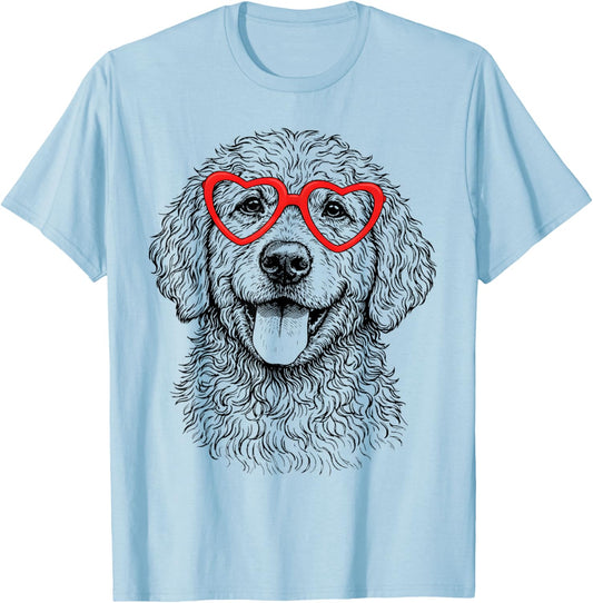 Funny Goldendoodle Face Heart Glasses Dog Valentine’s Day T-Shirt - T-Shirt | Light Blue