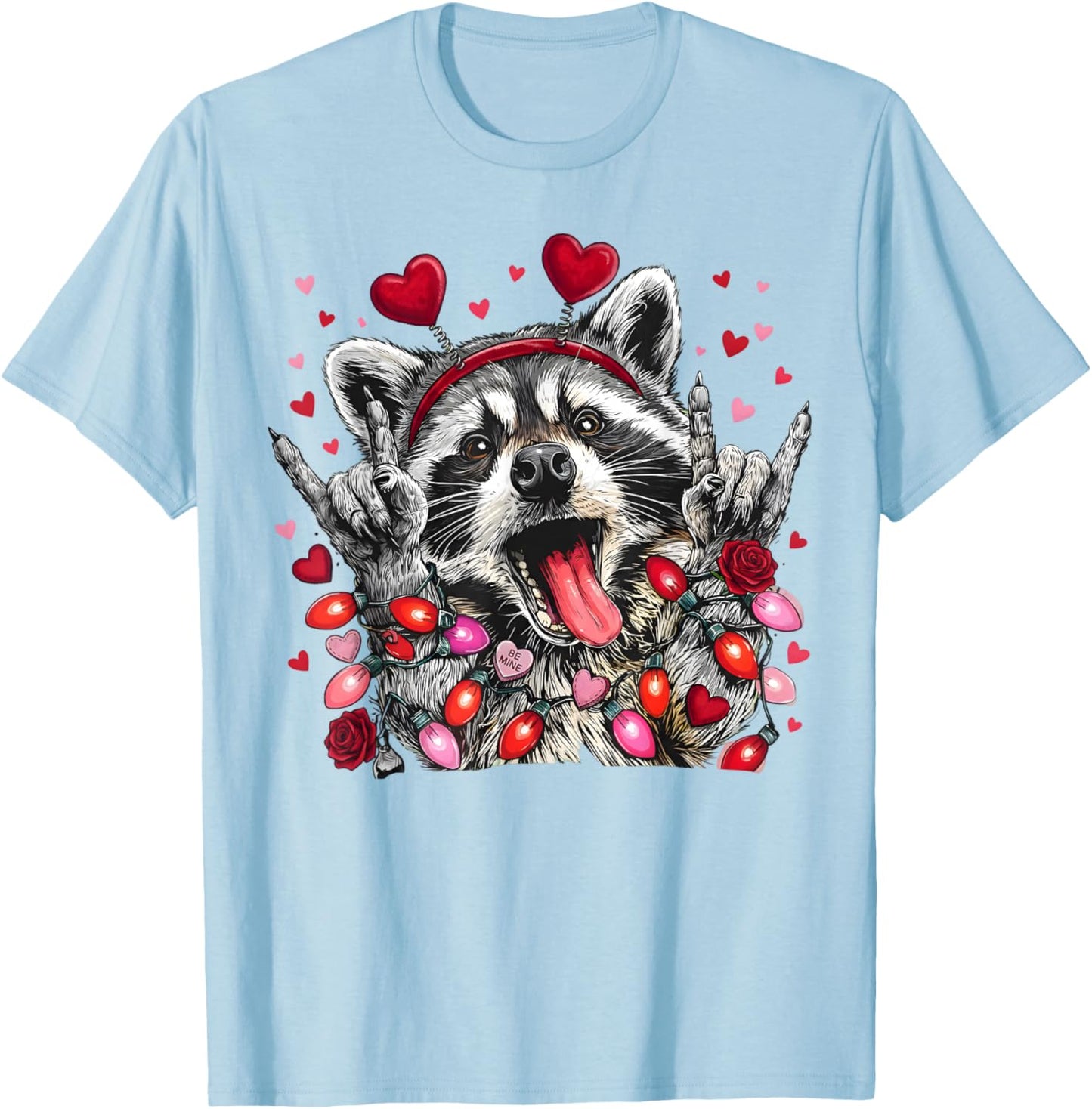 Rock On Hand Sign Racoon Meme Funny Valentines T-Shirt - T-Shirt | Light Blue