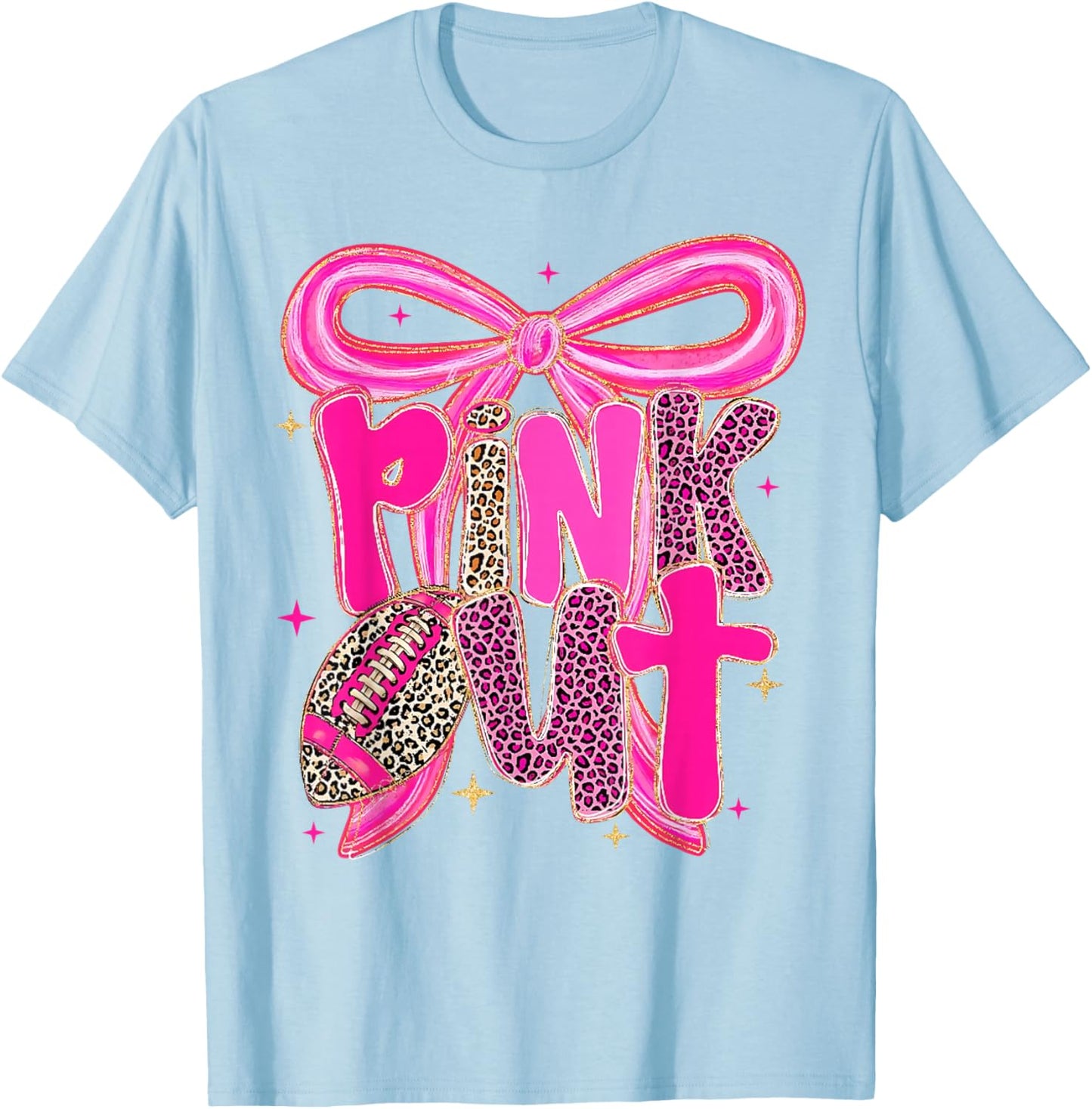 Pink Out Leopard Football Bow Breast Cancer Awareness Women T-Shirt - T-Shirt | Light Blue