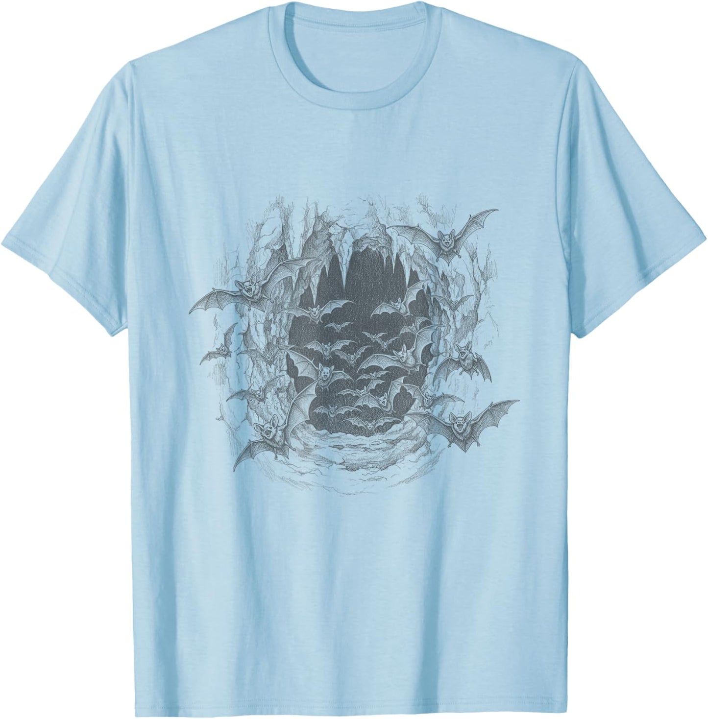 Vintage Vampire Bats Cave Scene Drawing Art Design T-Shirt - T-Shirt | Light Blue