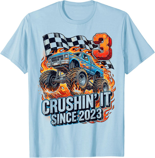 Birthday Monster Truck 3 Year Old Boys 3rd Party Born 2023 T-Shirt - T-Shirt | Light Blue