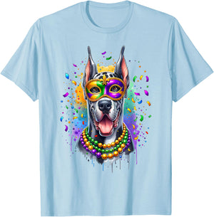 Mardi Gras Great Dane Dog T-Shirt - T-Shirt | Light Blue