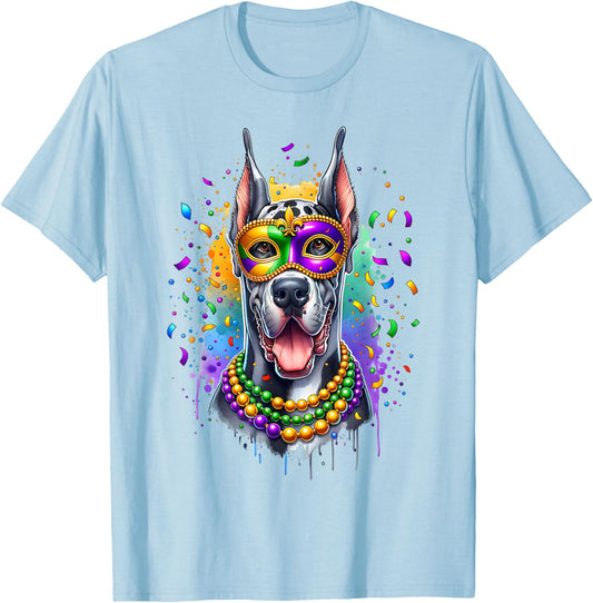 Mardi Gras Great Dane Dog T-Shirt - T-Shirt | Light Blue