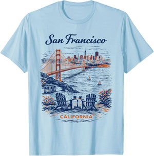 San Francisco Vintage Travel Scenic Illustration T-Shirt - T-Shirt | Light Blue