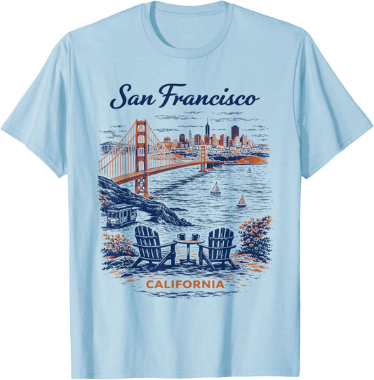 San Francisco Vintage Travel Scenic Illustration T-Shirt - T-Shirt | Light Blue