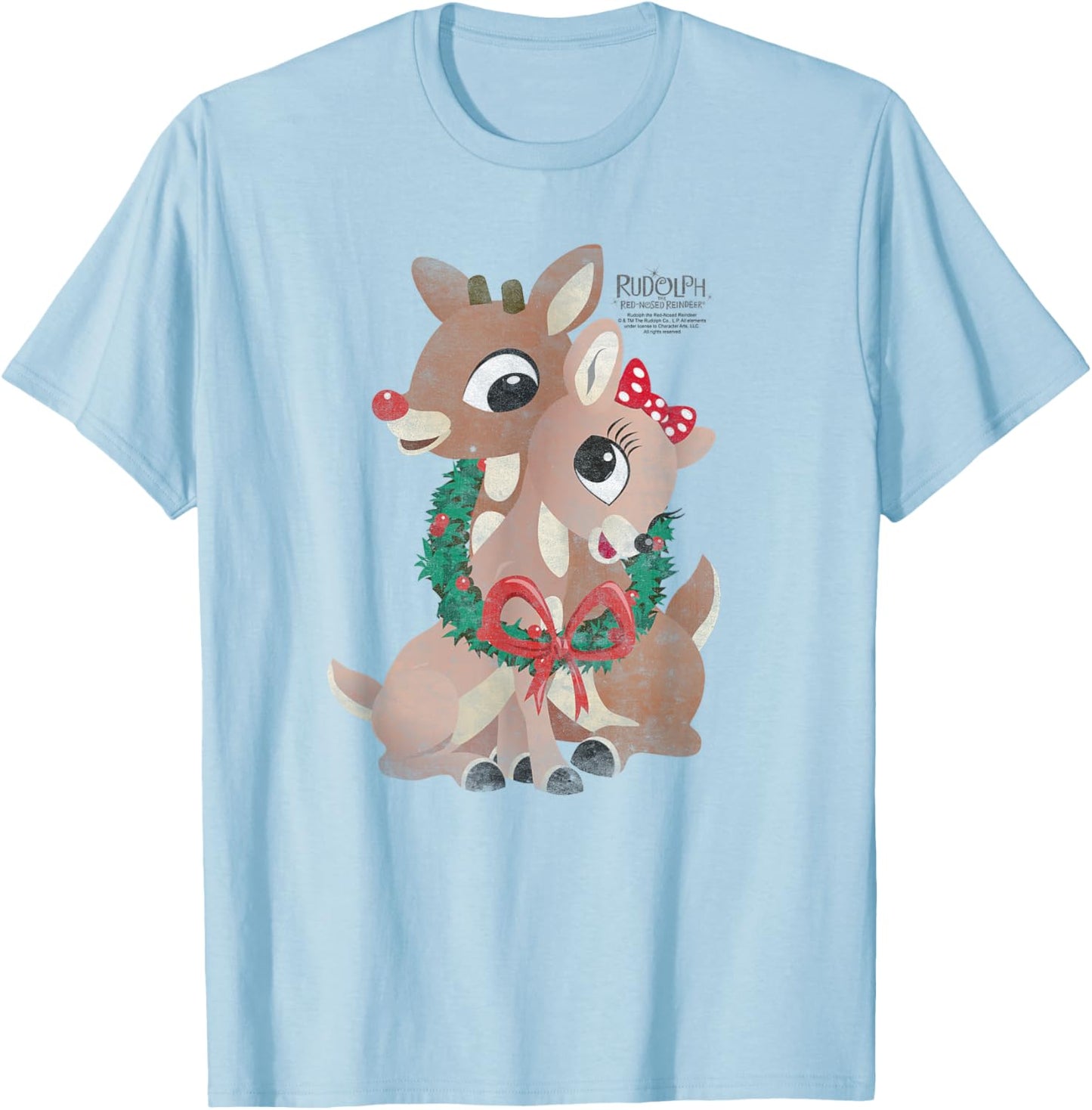 Rudolph and Clarice Holiday Wreath Vintage Christmas T-Shirt - T-Shirt | Light Blue