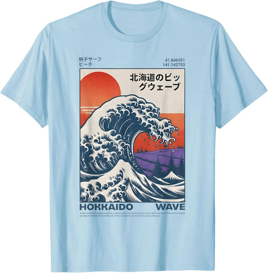 Hokkaido Wave Retro Japanese Surf Great Wave Vintage Japan T-Shirt - T-Shirt | Light Blue