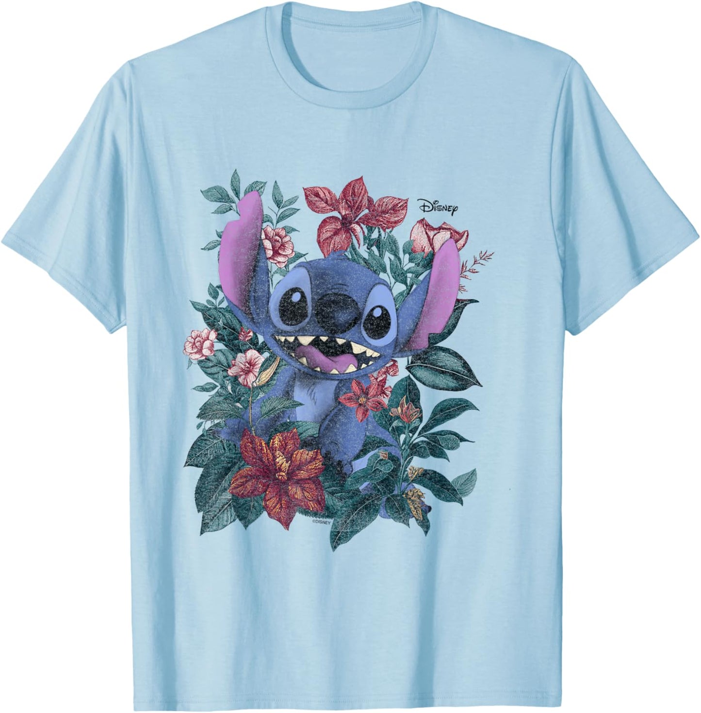 Disney Lilo & Stitch Floral Garden Character Art T-Shirt - T-Shirt | Light Blue