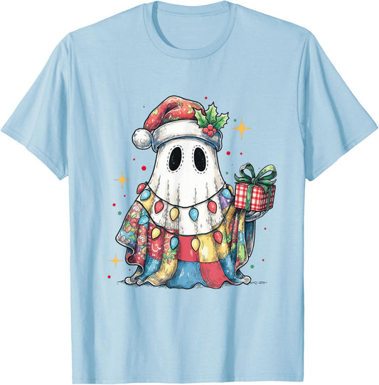 Santa Ghost Spooky Christmas Light Patchwork Matching Family T-Shirt - T-Shirt | Light Blue