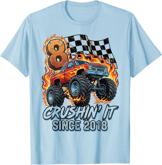 Birthday Monster Truck 8 Year Old Boys 8th Party Born 2018 T-Shirt - T-Shirt | Light Blue