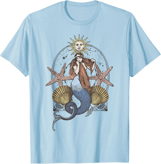 Trendy Apparel La Sirena Celestial Mermaid Bohemian Style T-Shirt - T-Shirt | Light Blue