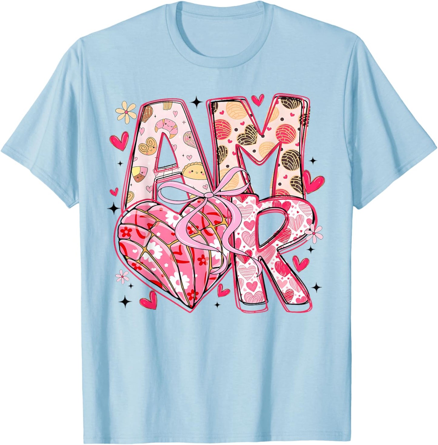 Valentine Amor Coquette Bow Concha Pan Dulce Valentine T-Shirt - T-Shirt | Light Blue