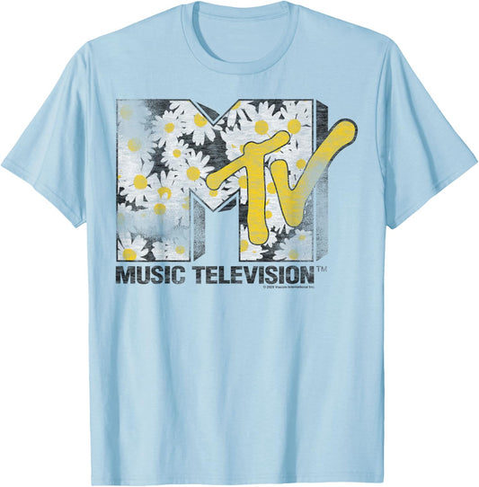 MTV Classic Distressed Logo Filled with Daisy Pattern T-Shirt - T-Shirt | Light Blue