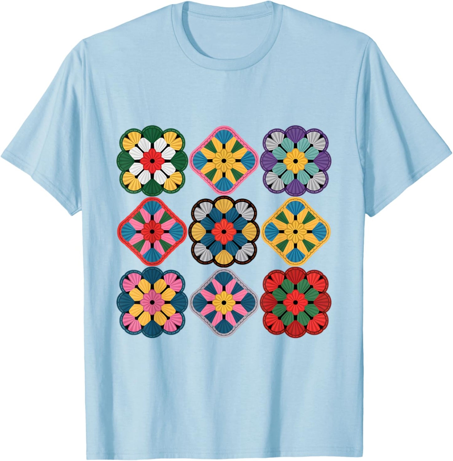 Colorful Granny Square Pattern Mandala Retro Crochet T-Shirt - T-Shirt | Light Blue