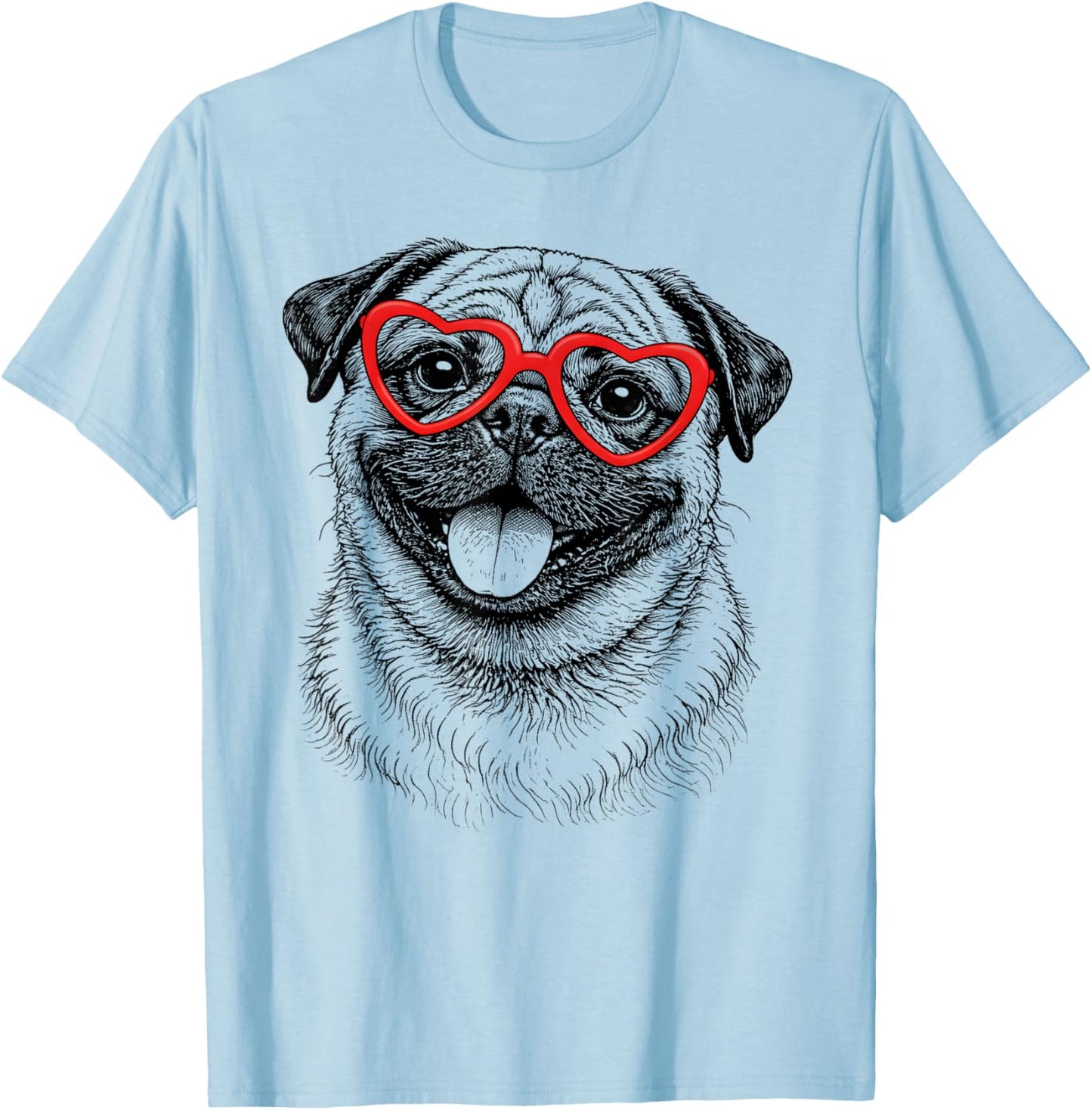 Funny Pug Face Heart Glasses Dog Valentine's Day T-Shirt - T-Shirt | Light Blue