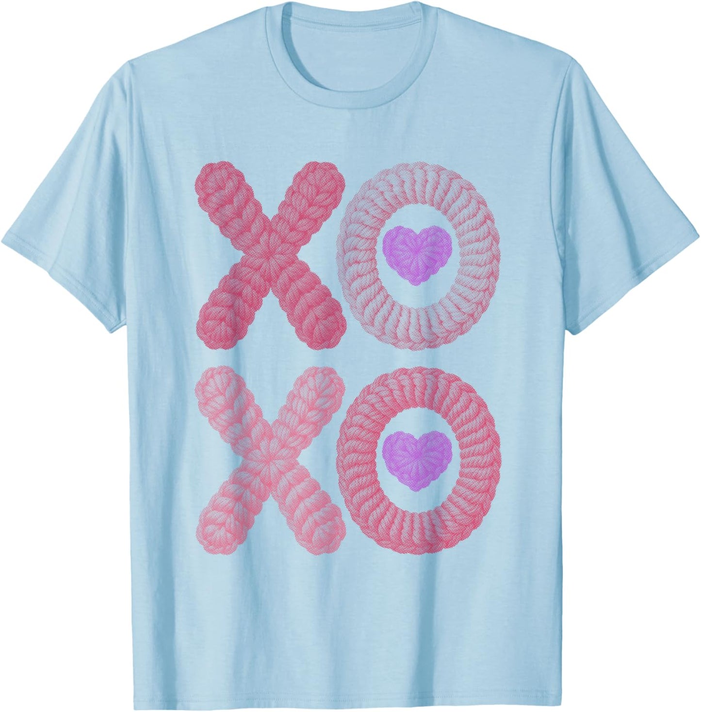 XO XO Cute Stitched Look | Valentine Heart Pink Cozy Love T-Shirt - T-Shirt | Light Blue