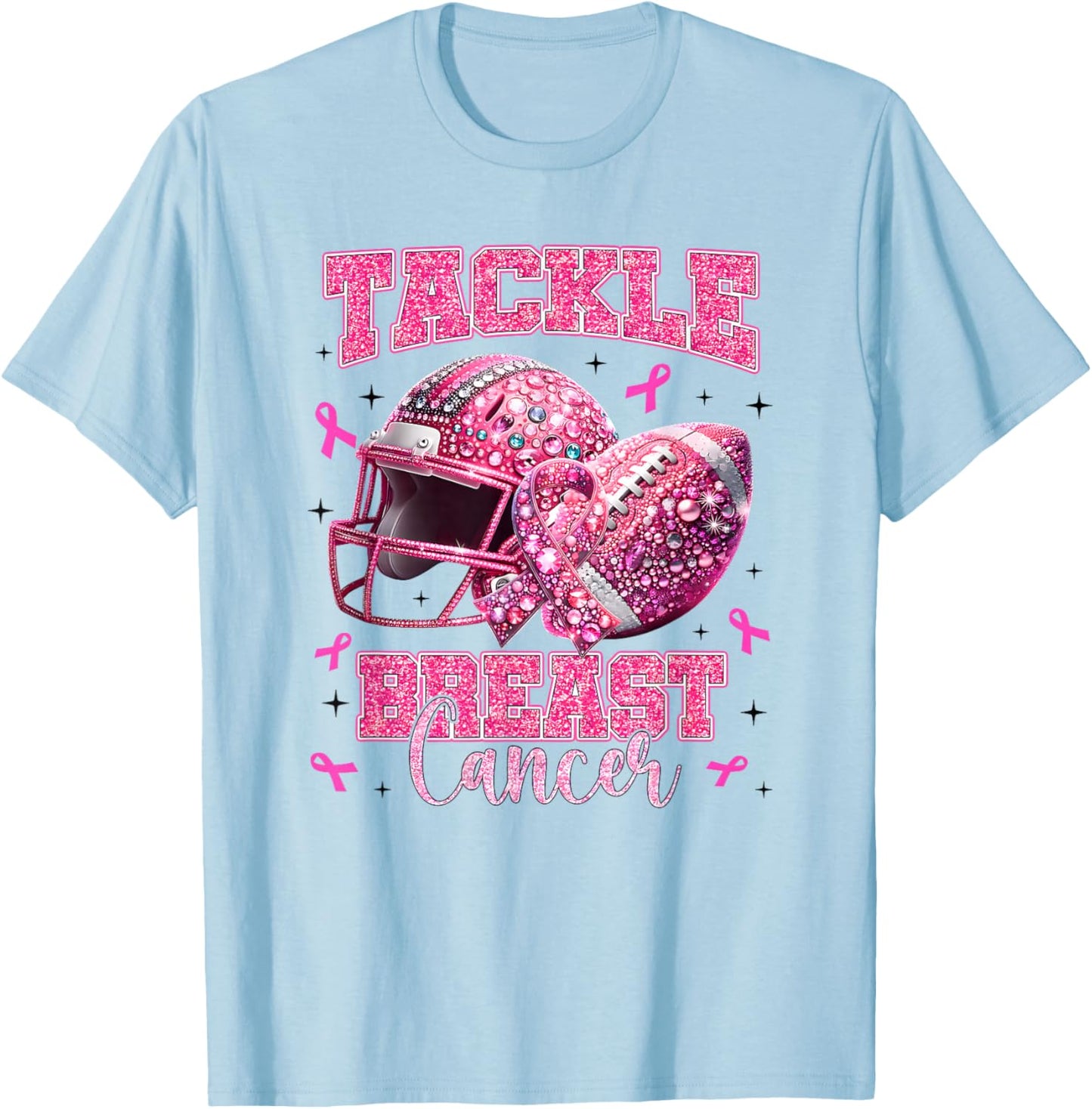 Tackle Breast Cancer Awareness Football Pink Out Cheer T-Shirt - T-Shirt | Light Blue