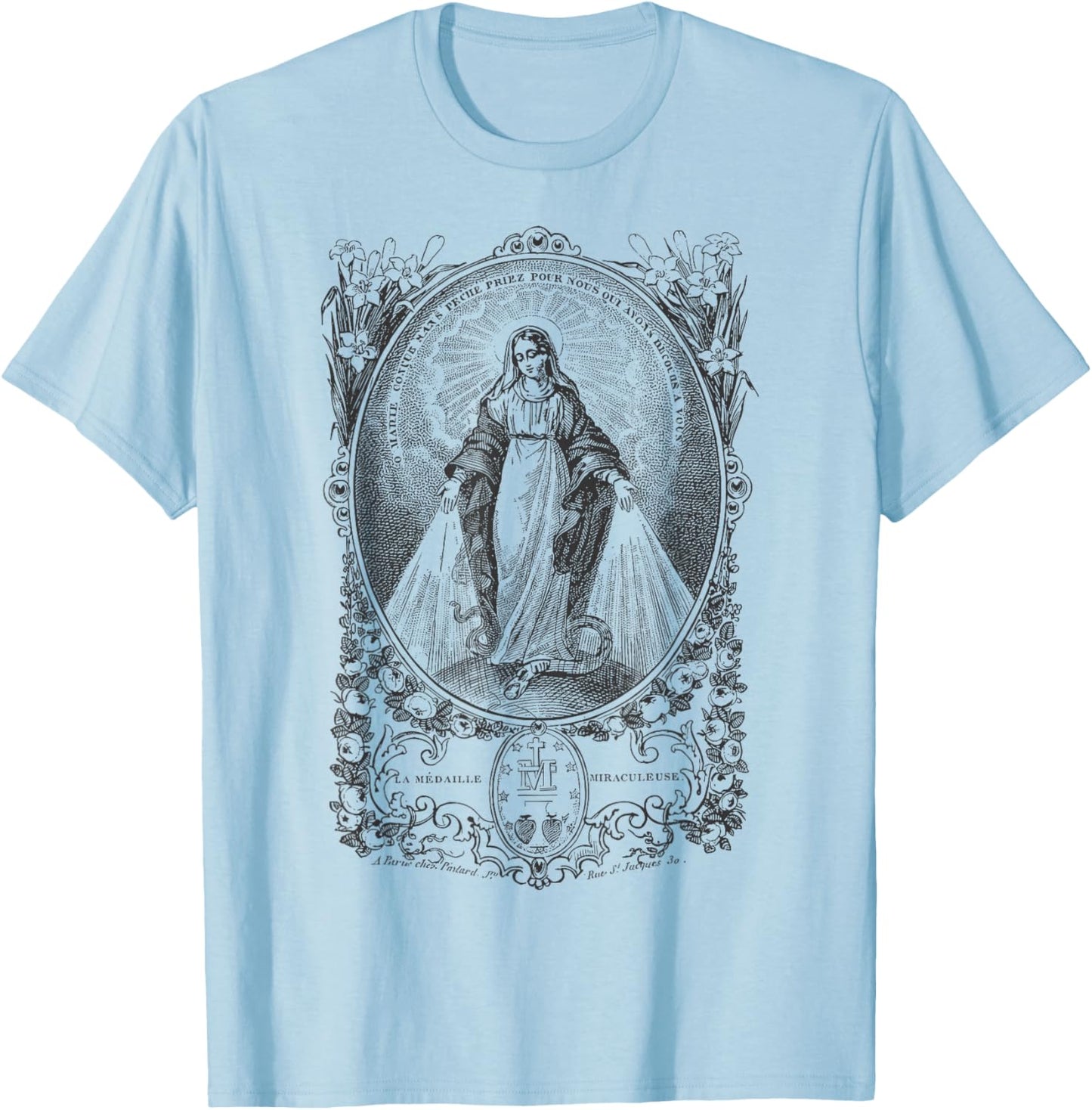 Miraculous Medal Our Lady Mary Marian Vintage Catholic Art T-Shirt - T-Shirt | Light Blue
