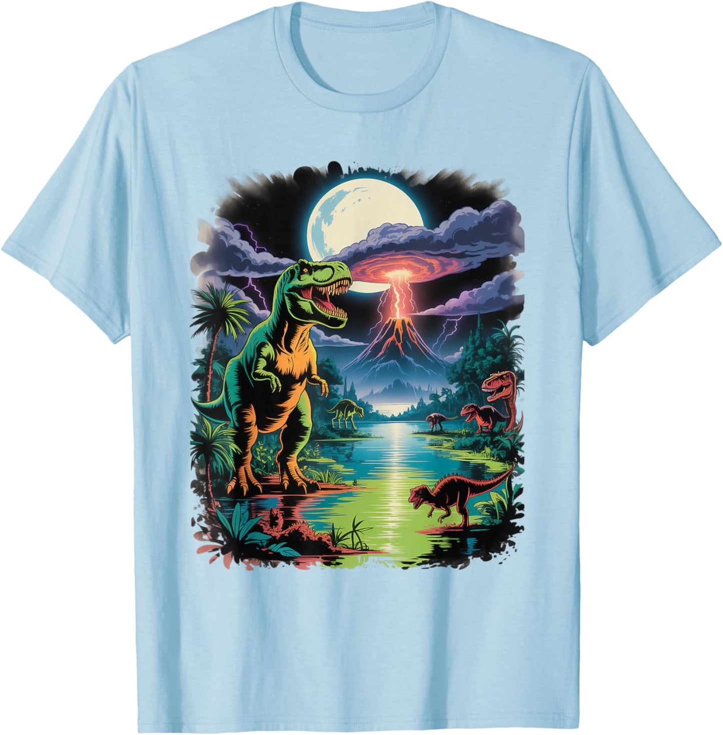 Vintage Retro 90s Airbrushed Dinosaur Jungle Volcano Scene T-Shirt - T-Shirt | Light Blue