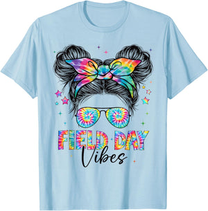 Field Day Vibes Tie Dye Messy Bun Sunglasses Women Girls T-Shirt - T-Shirt | Light Blue