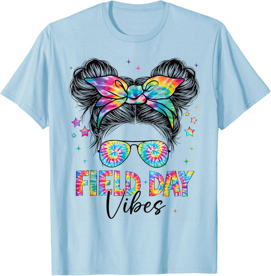 Field Day Vibes Tie Dye Messy Bun Sunglasses Women Girls T-Shirt - T-Shirt | Light Blue
