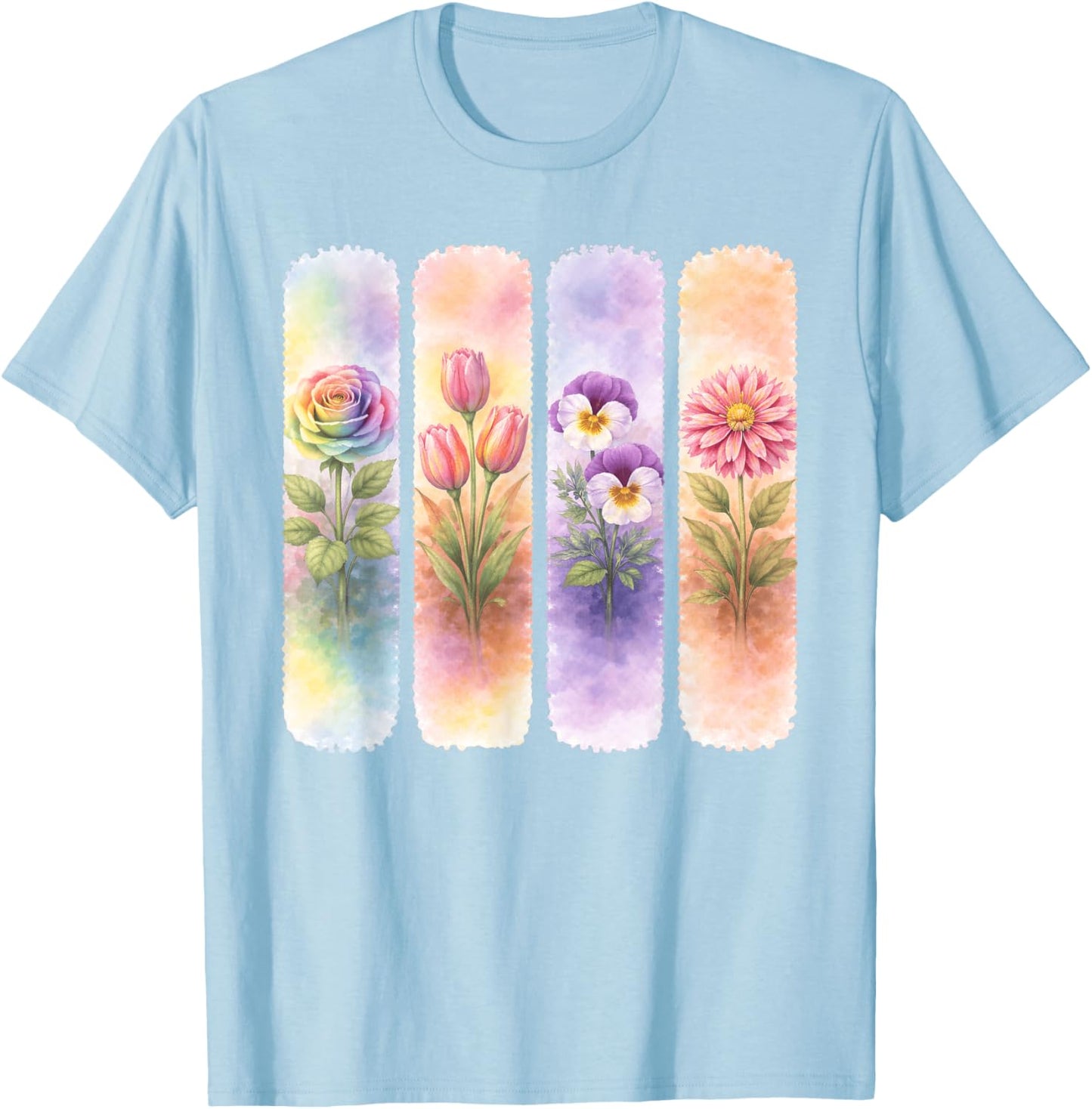 Watercolor Rainbow Rose Tulip Pansy Dahlia Blooms T-Shirt - T-Shirt | Light Blue