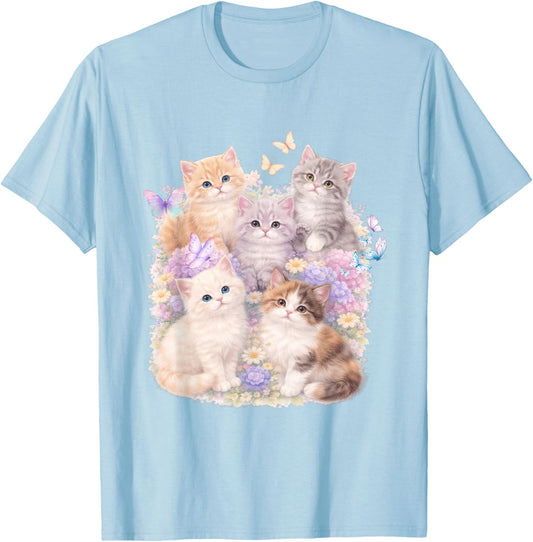 Retro Kitten Vintage Floral Cat Cottagecore Cat Lover T-Shirt - T-Shirt | Light Blue