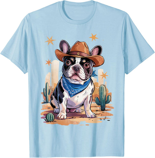 French Bulldog Cowboy Dog Western Frenchie Cowboy Hat T-Shirt - T-Shirt | Light Blue