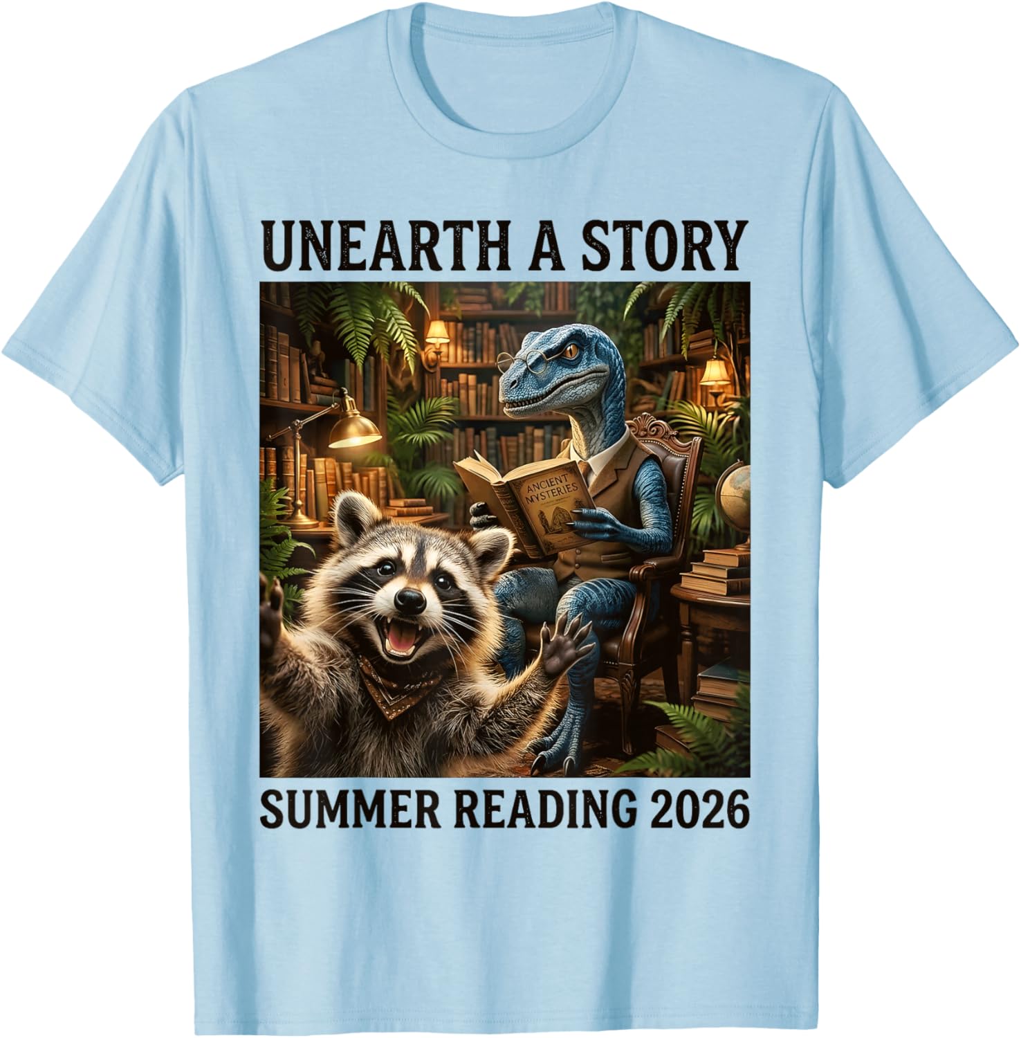 Unearth A Story Summer Reading 2026 Dino Raccoon T-Shirt - T-Shirt | Light Blue